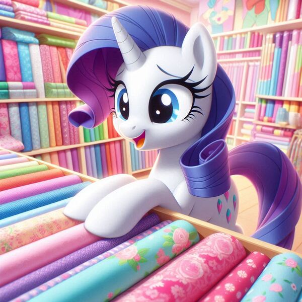 Size: 1024x1024 | Tagged: safe, ai content, derpibooru import, machine learning generated, prompter:heydude5321, rarity, unicorn, g4, alternate cutie mark, fabric, female, generator:bing image creator, generator:dall-e 3, horn, image, jpeg, solo, store