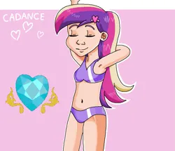 Size: 923x793 | Tagged: safe, artist:ocean lover, derpibooru import, princess cadance, human, adorasexy, arm behind head, bare shoulders, beautiful, belly, belly button, bikini, bikini babe, bikini top, clothes, cute, eyes closed, hairpin, heart, humanized, image, light skin, midriff, ms paint, multicolored hair, name, pink background, png, pose, pretty, purple bikini, sexy, simple background, smiling, swimsuit, teen princess cadance, teenager, text, wet hair, young cadance, younger