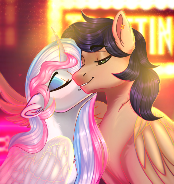 Size: 1100x1164 | Tagged: safe, artist:ondrea, derpibooru import, oc, oc:blitz strafe, oc:pupcake, alicorn, pegasus, pony, alicorn oc, blue eyeshadow, couple, cute, duo, duo male and female, eyes closed, eyeshadow, female, horn, image, kiss on the cheek, kissing, makeup, male, mare, pegasus oc, png, shipping, stallion, straight, wings