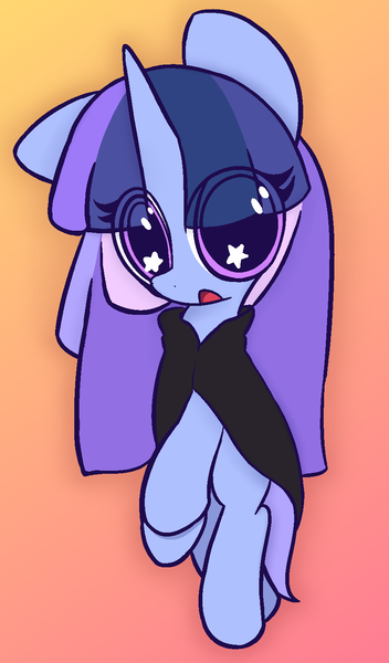 Size: 874x1489 | Tagged: safe, artist:violavaquita, ponerpics import, oc, oc:flawless sparklemoon, pony, unicorn, cape, clothes, female, filly, gradient background, image, open mouth, png, solo