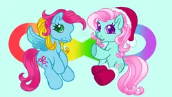 Size: 3000x1700 | Tagged: safe, artist:leopardsnaps, derpibooru import, minty, thistle whistle, earth pony, pegasus, pony, g3, alternate design, autism, christmas, clothes, cute, duo, g3 to g3.5, g3.5, g3betes, generation leap, hat, holiday, image, infinity symbol, looking at you, png, santa hat, sitting, socks, style emulation, thistlebetes, waving