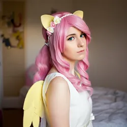 Size: 1024x1024 | Tagged: safe, ai content, anonymous prompter, generator:imagen 3, machine learning generated, fluttershy, human, clothes, cosplay, costume, fake wings, image, indoors, photorealistic, png, ponytail, solo