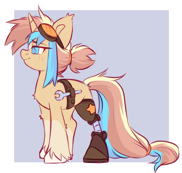 Size: 3480x3308 | Tagged: safe, artist:cheekipone, ponerpics import, oc, oc:star screw, unofficial characters only, pony, unicorn, amputee, belt, female, goggles on head, hair tie, horn, image, jpeg, mare, passepartout, prosthetic leg, prosthetic limb, prosthetics, solo, standing, unicorn oc, unshorn fetlocks, utility belt, wrench