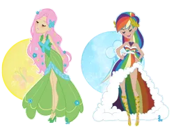 Size: 1016x752 | Tagged: safe, artist:dahli-lama, derpibooru import, fluttershy, rainbow dash, human, g4, arm behind back, clothes, dress, duo, duo female, eyes closed, female, gala dress, hand on hip, high heels, humanized, image, png, shoes, simple background, transparent background