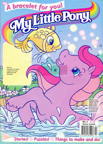 Size: 995x1389 | Tagged: safe, derpibooru import, sweet berry, earth pony, fish, pony, g2, barcode, comic cover, cover, cover art, female, flower, grass, image, jpeg, looking at each other, looking at someone, looking up, mare, my little pony logo, my little pony vol. 2, my little pony vol. 2 #4, official comic, outdoors, partially submerged, redan, smiling, splash, starry eyes, swimming, tail, unshorn fetlocks, water, wingding eyes