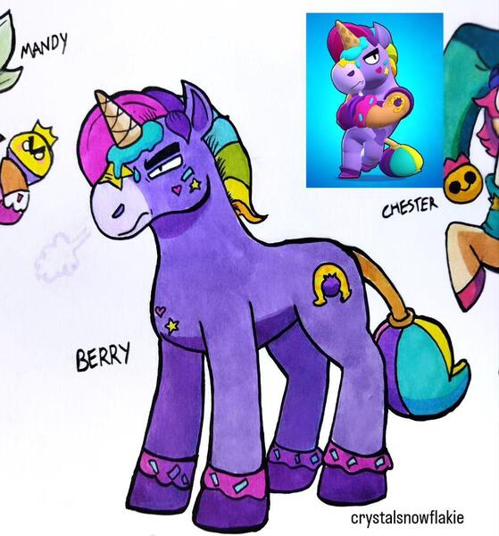 Size: 1080x1159 | Tagged: safe, artist:crystalsnowflakie, derpibooru import, ponified, pony, unicorn, berry, berry (brawl stars), brawl stars, brawler, crossover, food, horn, ice cream, image, jpeg, male, stallion, supercell