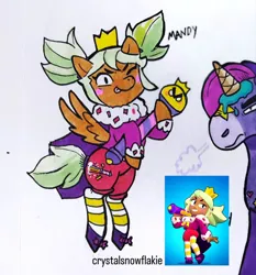 Size: 1080x1159 | Tagged: safe, artist:crystalsnowflakie, derpibooru import, part of a set, ponified, pegasus, pony, brawl stars, brawler, clothes, crown, cutie mark, dress, female, gown, image, jewelry, jpeg, mandy, mandy (brawl stars), mare, one eye closed, pants, princess, regalia, shoes, socks, supercell, wink