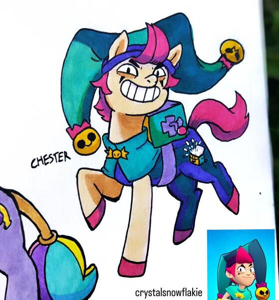 Size: 1080x1159 | Tagged: safe, artist:crystalsnowflakie, derpibooru import, part of a set, ponified, earth pony, pony, box, brawl stars, brawler, chester, chester (brawl stars), cutie mark, hat, image, jester hat, jester outfit, jpeg, male, smiling, stallion, supercell