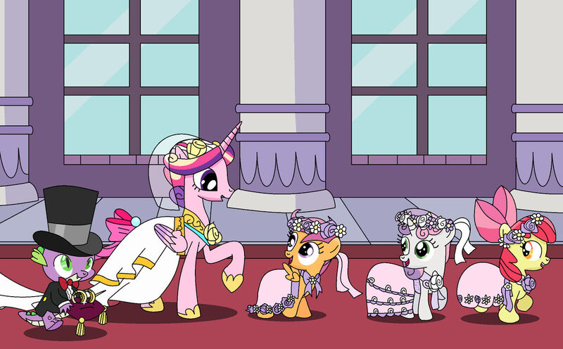 Size: 1280x793 | Tagged: safe, artist:starwarriorjian, derpibooru import, apple bloom, princess cadance, scootaloo, spike, sweetie belle, alicorn, dragon, earth pony, pegasus, pony, unicorn, a canterlot wedding, g4, adorabloom, apple bloom's bow, bow, bride, carpet, clothes, cute, cutealoo, cutie mark crusaders, cutie mark cuties, diasweetes, female, filly, floral head wreath, flower, flower filly, flower girl, foal, hair bow, hallway, hat, horn, image, jpeg, looking at each other, looking at someone, male, mare, open mouth, open smile, red carpet, ring bearer, smiling, smiling at each other, suit, top hat, veil, wedding veil