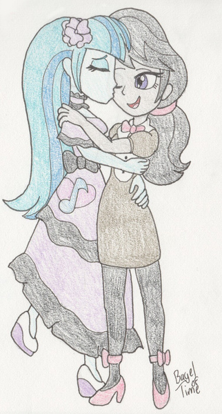 Size: 751x1400 | Tagged: safe, artist:bageloftime, derpibooru import, octavia melody, sonata dusk, human, equestria girls, g4, bowtie, clothes, commission, cute, cuteness overload, daaaaaaaaaaaw, dress, duo, eyes closed, eyeshadow, female, flower, flower in hair, gala, gala dress, heartwarming, high heels, hug, image, jpeg, kiss on the cheek, kissing, lesbian, makeup, one eye closed, open mouth, open smile, shipping, shoes, smiling, sonatabetes, sontavia, tavibetes, wholesome