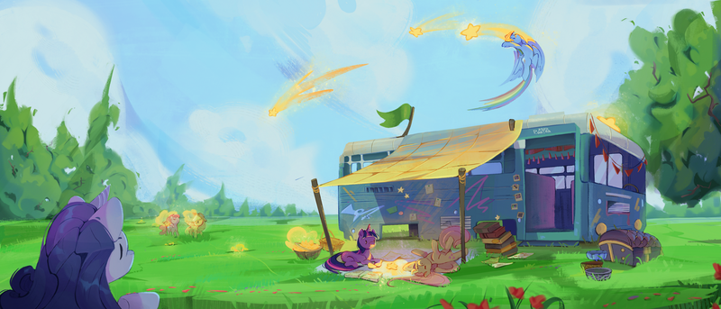 Size: 2930x1258 | Tagged: safe, artist:p.anika, derpibooru import, applejack, fluttershy, pinkie pie, rainbow dash, rarity, twilight sparkle, earth pony, pegasus, pony, unicorn, abandoned, book, bus, car, day, female, flying, image, lying down, mane six, mare, on back, png, prone, scenery, stars, tangible heavenly object, unicorn twilight