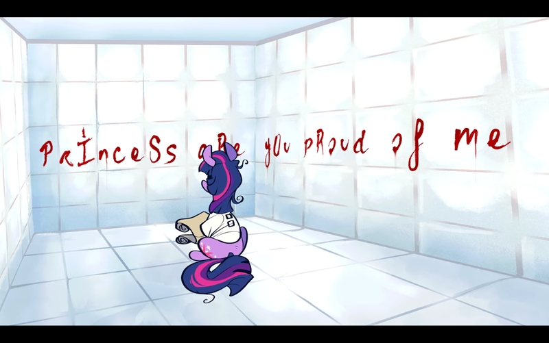 Size: 2800x1752 | Tagged: grimdark, artist:urbanqhoul, derpibooru import, screencap, twilight sparkle, blood, bondage, evil twilight, image, insanity, jpeg, my little romance - princess, padded cell, pmv, rear view, screenshots, scroll, solo, straitjacket