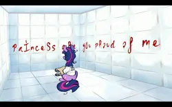 Size: 2800x1752 | Tagged: grimdark, artist:urbanqhoul, derpibooru import, screencap, twilight sparkle, blood, bondage, evil twilight, image, insanity, jpeg, my little romance - princess, padded cell, pmv, rear view, screenshots, scroll, solo, straitjacket