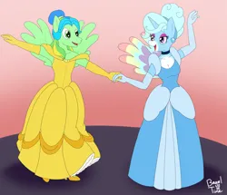 Size: 3857x3315 | Tagged: safe, artist:bageloftime, derpibooru import, oc, oc:jemimasparkle, oc:thunder dancer, unofficial characters only, anthro, pony, ballroom, beauty and the beast, belle, breasts, busty oc, cinderella, clothes, commission, dancing, dancing together, dress, evening gloves, eyeshadow, female, gloves, gown, hair bun, hairband, holding hands, image, lesbian, lidded eyes, long gloves, looking at each other, looking at someone, makeup, mare, open mouth, open smile, png, poofy shoulders, smiling, smiling at each other, spread wings, wings