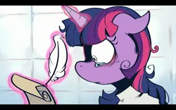 Size: 2800x1752 | Tagged: grimdark, artist:urbanqhoul, derpibooru import, screencap, twilight sparkle, unicorn, bondage, evil twilight, horn, image, insanity, jpeg, my little romance - princess, padded cell, pmv, quill, screenshots, scroll, straitjacket, teary eyes