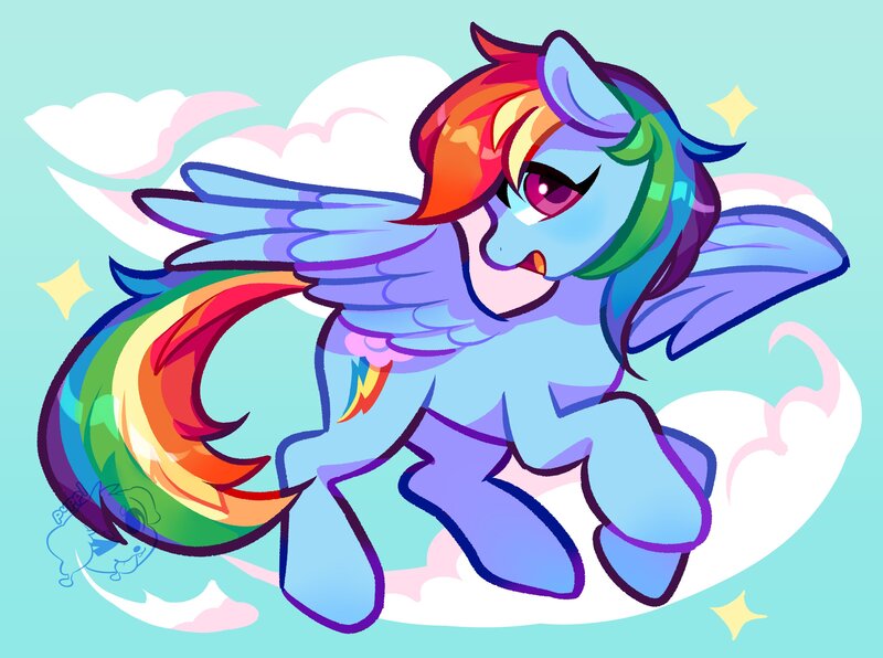 Size: 3040x2266 | Tagged: safe, artist:puppsicle, derpibooru import, rainbow dash, pegasus, pony, g4, abstract background, blue background, cel shading, cloud, cyan background, digital art, female, flying, full body, image, jpeg, mare, multicolored hair, open mouth, rainbow hair, shading, simple background, solo, spread wings, wings