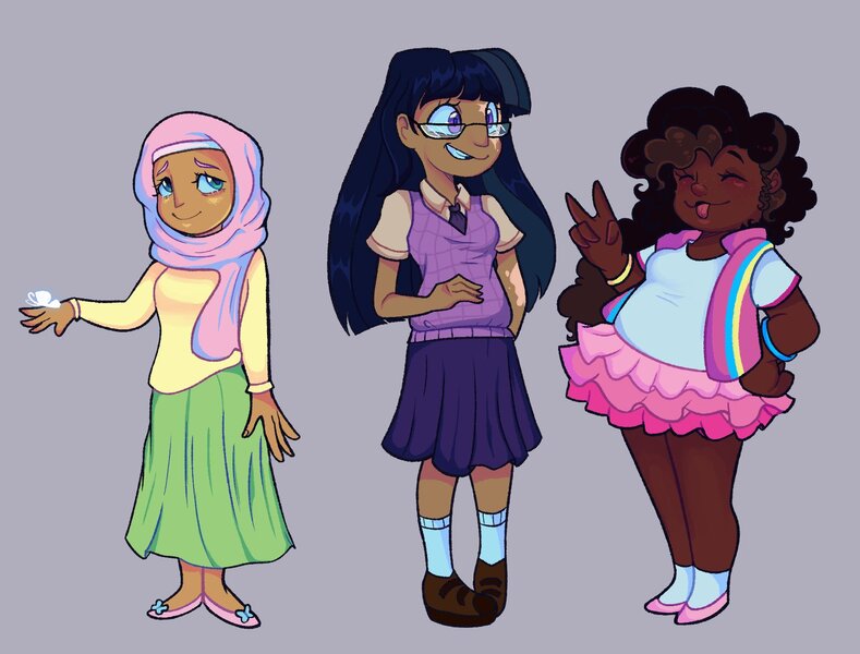 Size: 1604x1219 | Tagged: safe, artist:kreeeeeez, derpibooru import, fluttershy, pinkie pie, twilight sparkle, butterfly, human, insect, g4, clothes, commission, commissioner:prixy05, dark skin, dress, female, glasses, gray background, headscarf, humanized, image, jpeg, moderate dark skin, scarf, shoes, simple background, skirt, sweater vest, trio, trio female