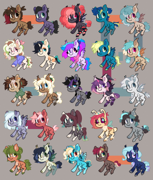 Size: 2600x3050 | Tagged: safe, artist:lionbun, derpibooru import, oc, oc:apple dawn, oc:coco cream, oc:cyan blue, oc:cyber cavea, oc:dreamheart, oc:hazel pie, oc:junkers, oc:lightning frost, oc:lime night, oc:mellifera, oc:midnight gleam, oc:midnight spark, oc:novellis, oc:peach velvet, oc:rasp berry, oc:ribbon moon, oc:rogue solence, oc:screaming heart, oc:seafoam bay, oc:shallow tarn, oc:spring blossom, oc:wanda, oc:wild spark, oc:winter fall, oc:wish freckle, unofficial characters only, bat pony, earth pony, pegasus, pony, unicorn, bat pony oc, bat wings, chibi, earth pony oc, family, female, horn, image, male, mare, pegasus oc, png, relationships, stallion, unicorn oc, wings