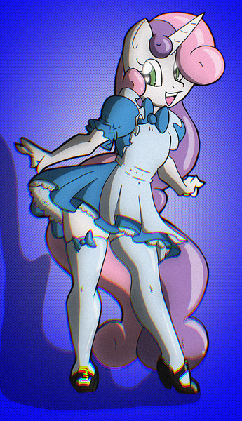 Size: 669x1162 | Tagged: safe, artist:theburningdonut, derpibooru import, sweetie belle, anthro, plantigrade anthro, unicorn, g4, alice in wonderland, bow, chromatic aberration, clothes, colored background, cosplay, costume, curly hair, curly tail, dress, eyelashes, female, gradient background, green eyes, hair over one eye, horn, image, jpeg, open mouth, pose, shoes, skirt, smiling, socks, solo, tail, thigh highs, thigh socks, thighs, two toned hair, two toned tail, unicorn horn, white coat