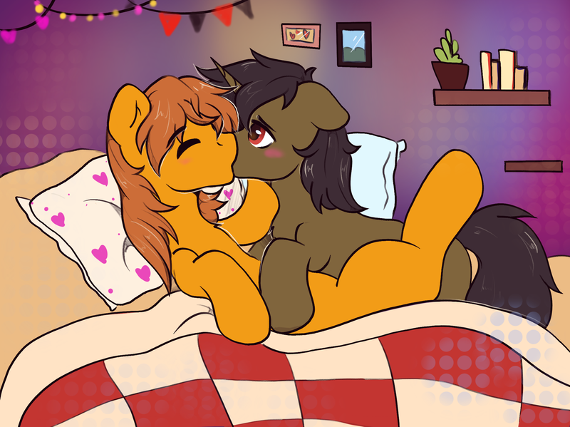 Size: 2189x1640 | Tagged: safe, artist:kristina, derpibooru import, oc, oc:zip circuit, unofficial characters only, earth pony, pony, unicorn, commission, community related, couple, duo, duo male, gay, horn, image, kissing, male, oc x oc, png, shipping, ych result, your character here