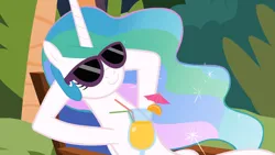 Size: 1920x1080 | Tagged: safe, artist:forgalorga, derpibooru import, princess celestia, image, juice, off model, png, princess celestia loves to help, relaxed, relaxing, straw, sunglasses, umbrella