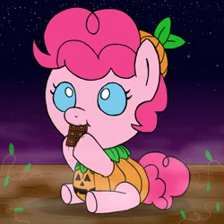 Size: 3000x3000 | Tagged: safe, artist:legendoflink, derpibooru import, pinkie pie, pony, baby, chocolate, clothes, costume, cute, diapinkes, female, filly, filly pinkie pie, foal, food, image, pinktober, png, pumpkin, solo, younger