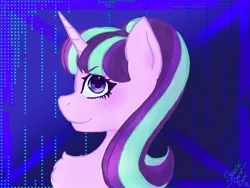 Size: 1600x1200 | Tagged: safe, artist:sharkbarkbarkk, derpibooru import, starlight, starlight glimmer, unicorn, g4, bangs, blue background, blue eyes, bust, commission, evil grin, female, grin, horn, image, jpeg, looking at you, portrait, purple coat, purple eyes, purple mane, s5 starlight, side view, simple background, smiling, solo, ych result