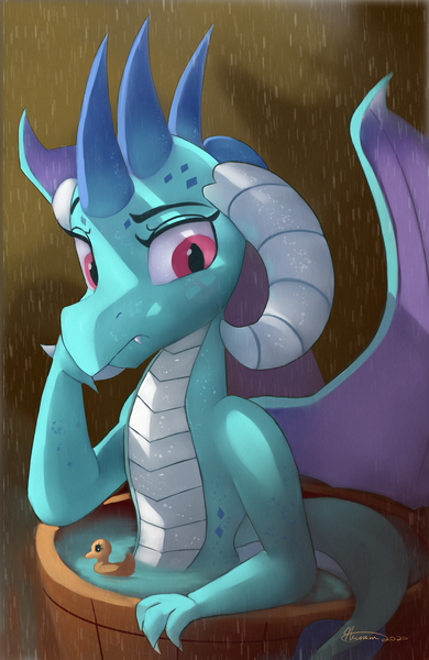 Size: 2400x3697 | Tagged: safe, artist:auroriia, derpibooru import, princess ember, dragon, g4, bucket, female, high res, image, png, solo, water