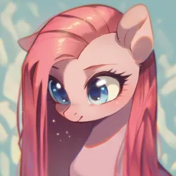 Size: 922x922 | Tagged: safe, ai content, derpibooru import, machine learning assisted, machine learning generated, stable diffusion, pinkie pie, earth pony, pony, g4, anime style, big eyes, blue background, blue eyes, blushing, cute, ear fluff, generator:purplesmart.ai, image, long hair, pink mane, pinkamena diane pie, png, prompter:saltyvity, sad, simple background, smiling, solo, sparkles