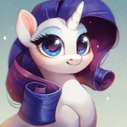 Size: 921x920 | Tagged: safe, ai content, derpibooru import, machine learning assisted, machine learning generated, stable diffusion, rarity, pony, unicorn, g4, big eyes, blue background, blue eyes, blushing, cute, detailed eyes, generator:purplesmart.ai, horn, image, looking at you, makeup, png, prompter:saltyvity, purple mane, simple background, smiling, smiling at you, solo, sparkles