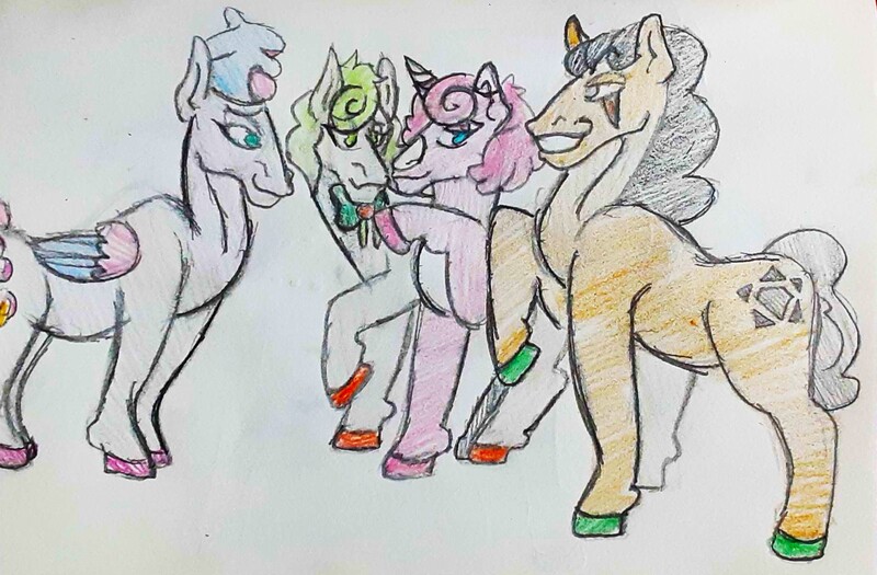 Size: 1838x1207 | Tagged: safe, artist:midday sun, derpibooru import, oc, oc:coral bubble, oc:flowerbed, oc:gentle shadow, oc:orangebell, unofficial characters only, earth pony, pegasus, pony, unicorn, harem, horn, image, jpeg, traditional art