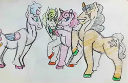 Size: 1838x1207 | Tagged: safe, artist:midday sun, derpibooru import, oc, oc:coral bubble, oc:flowerbed, oc:gentle shadow, oc:orangebell, unofficial characters only, earth pony, pegasus, pony, unicorn, harem, horn, image, jpeg, traditional art