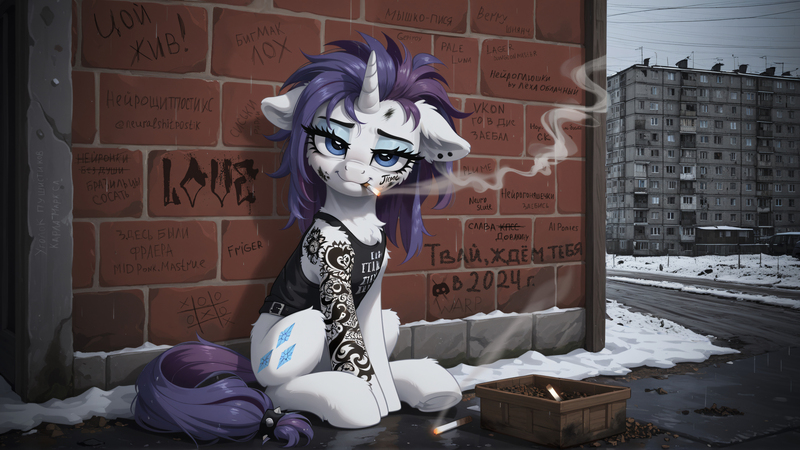 Size: 3840x2160 | Tagged: safe, ai content, derpibooru import, machine learning assisted, machine learning generated, prompter:midnightdashie, prompter:ramprover, stable diffusion, rarity, unicorn, alternate hairstyle, chest fluff, cigarette, cyrillic, ear fluff, floppy ears, gangster, generator:pony diffusion v6 xl, gopnik, graffiti, horn, image, jpeg, lidded eyes, looking at you, outdoors, rain, russia, russian, sitting, smoking, smug, snow, tattoo