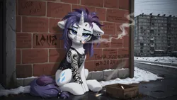 Size: 3840x2160 | Tagged: safe, ai content, derpibooru import, machine learning assisted, machine learning generated, prompter:midnightdashie, prompter:ramprover, stable diffusion, rarity, unicorn, alternate hairstyle, chest fluff, cigarette, cyrillic, ear fluff, floppy ears, gangster, generator:pony diffusion v6 xl, gopnik, graffiti, horn, image, jpeg, lidded eyes, looking at you, outdoors, rain, russia, russian, sitting, smoking, smug, snow, tattoo