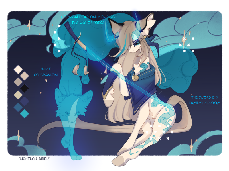 Size: 1024x768 | Tagged: safe, artist:ptichorbirdie, derpibooru import, oc, unofficial characters only, pony, adoptable, black sclera, capelet, coat markings, female, horns, image, magic, mare, png, reference sheet, spirit, sword, weapon