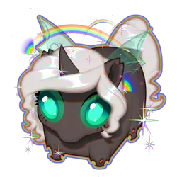 Size: 3514x3520 | Tagged: safe, artist:rrd-artist, derpibooru import, oc, oc:kitu elder, changeling, changeling queen, changeling oc, ears, ears up, eyelashes, female, gray coat, horn, image, insect wings, lying down, png, ponyloaf, prone, rainbow, shine, stare, tail, teal eyes, wings