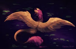 Size: 1080x702 | Tagged: safe, artist:flightless birdie, derpibooru import, oc, unofficial characters only, pegasus, pony, image, jpeg, leonine tail, lilypad, solo, spread wings, tail, water, wings