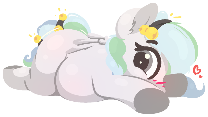 Size: 1092x615 | Tagged: safe, artist:rhythmpixel, derpibooru import, oc, oc:river chime, unofficial characters only, pegasus, pony, bells, belly, blushing, female, heart, heart eyes, image, lying down, mare, png, simple background, solo, transparent background, wingding eyes