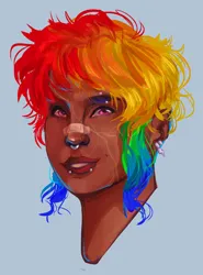 Size: 1280x1733 | Tagged: safe, artist:fhroggy, derpibooru import, rainbow dash, human, alternate hairstyle, bandaid, bandaid on nose, blackwashing, blue background, bust, dark skin, ear piercing, earring, eye scar, eyebrow piercing, facial scar, female, grin, humanized, image, jewelry, jpeg, lip piercing, nose piercing, nose ring, piercing, scar, simple background, smiling, snake bites, solo, tumblr nose