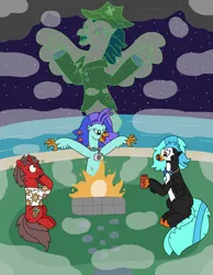 Size: 2407x3100 | Tagged: safe, artist:supahdonarudo, derpibooru import, oc, oc:icebeak, oc:ironyoshi, oc:sea lilly, unofficial characters only, classical hippogriff, ghost, hippogriff, undead, unicorn, beach, camera, campfire, clothes, cup, ear piercing, fog, hat, holding, horn, image, jewelry, mlp fim's fourteenth anniversary, necklace, night, ocean, piercing, pirate, pirate hat, png, scared, shirt, sitting, water