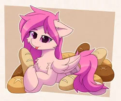 Size: 3072x2560 | Tagged: safe, artist:keupoz, derpibooru import, oc, oc:peach hack, unofficial characters only, pegasus, pony, :p, abstract background, bread, commission, cutie mark, food, image, lying down, pegasus oc, pegasus wings, png, solo, tongue out, wings