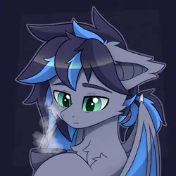 Size: 3072x3072 | Tagged: safe, artist:keupoz, derpibooru import, oc, oc:midnight aegis, unofficial characters only, bat pony, pony, abstract background, bags under eyes, bat pony oc, bat wings, commission, cup, holding, image, png, steam, wings