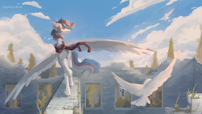 Size: 2560x1440 | Tagged: safe, artist:flightless birdie, derpibooru import, oc, unofficial characters only, bird, pegasus, pony, clothes, image, jpeg, ruins, scarf, scenery, solo, unshorn fetlocks