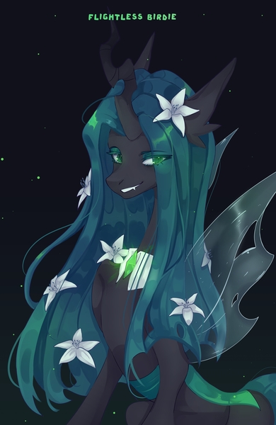 Size: 1664x2560 | Tagged: safe, artist:flightless birdie, artist:ptichorbirdie, derpibooru import, queen chrysalis, changeling, changeling queen, g4, eye clipping through hair, eyebrows, eyebrows visible through hair, fangs, female, flower, flower in hair, image, jpeg, shirtless shirt collar, solo