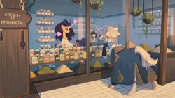 Size: 2560x1440 | Tagged: safe, artist:flightless birdie, derpibooru import, saffron masala, snails, zesty gourmand, oc, pony, unicorn, g4, female, horn, image, jpeg, magic, mare, outdoors, rule 63, shop, shopping, spice, telekinesis, trio