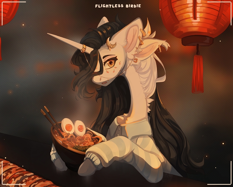 Size: 2560x2059 | Tagged: safe, artist:flightless birdie, derpibooru import, oc, unofficial characters only, pony, unicorn, chest fluff, chopsticks, clothes, ear piercing, earring, egg, female, food, horn, horn ring, image, jewelry, jpeg, lantern, mare, multiple ears, noodles, paper lantern, piercing, ramen, ring, solo