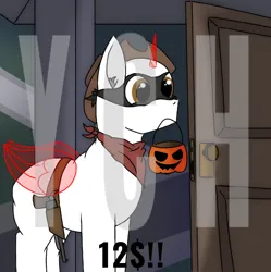 Size: 1052x1058 | Tagged: safe, artist:thomas.senko, derpibooru import, oc, unofficial characters only, alicorn, earth pony, pegasus, pony, unicorn, bandana, brown eyes, clothes, commission, costume, cowboy, cowboy hat, female, gun, halloween, halloween costume, handgun, happy, hat, holiday, horn, image, light skin, male, mare, nightmare night, png, pumpkin bucket, revolver, solo, stallion, weapon