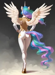 Size: 2048x2816 | Tagged: safe, ai content, derpibooru import, machine learning generated, prompter:star-dragon, stable diffusion, princess celestia, alicorn, anthro, unguligrade anthro, g4, butt, clothes, epaulettes, female, generator:pony diffusion v6 xl, hand on hip, horn, image, military uniform, png, skintight clothes, solo, spread wings, uniform, wings