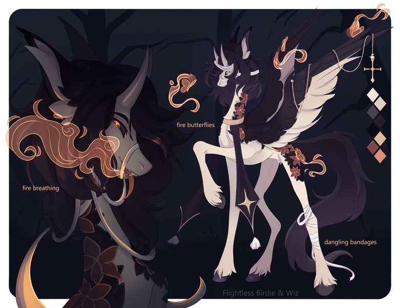 Size: 2560x1969 | Tagged: safe, artist:flightless birdie, derpibooru import, oc, unofficial characters only, butterfly, insect, pony, bandage, coat markings, fangs, fire, fire breath, horns, image, jewelry, jpeg, long tongue, magic, reference sheet, solo, spread wings, tongue out, unshorn fetlocks, wing jewelry, wings