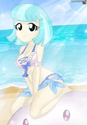 Size: 1463x2104 | Tagged: suggestive, artist:charliexe, ponerpics import, coco pommel, equestria girls, beach, bikini, breasts, clothes, feet, female, image, jpeg, kneeling, looking at you, solo, solo female, swimsuit